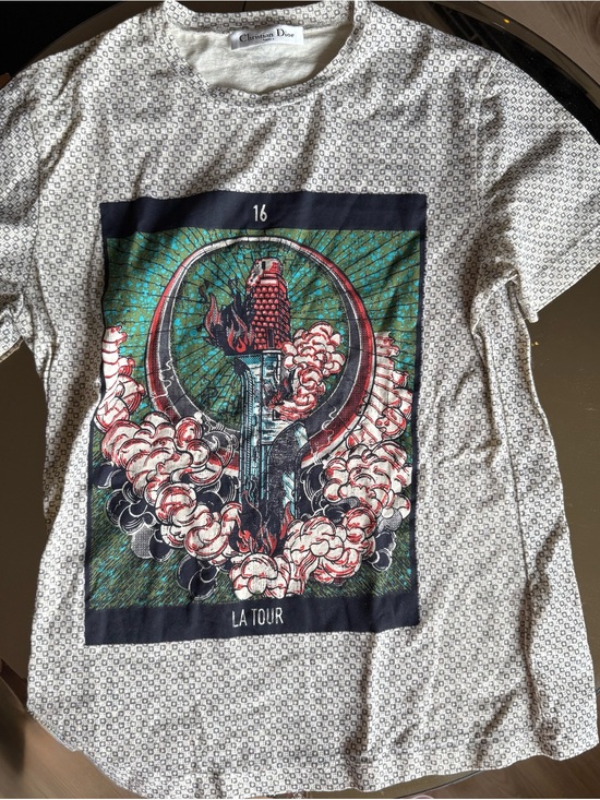 Dior Tops - Dior White Patterned Short Sleeve Tee with Multicolor 'La Tour' Graphic